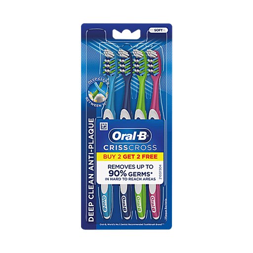 Oral B Criss Cross Toothbrush Soft, Anti Plaque, Removes Up To 90% Germs, Family Pack, 4pcs