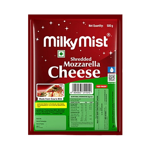 Milky Mist Mozzarella Pizza Cheese,Shredded,Fresh,Extra Soft, Mild Taste,500g Pouch